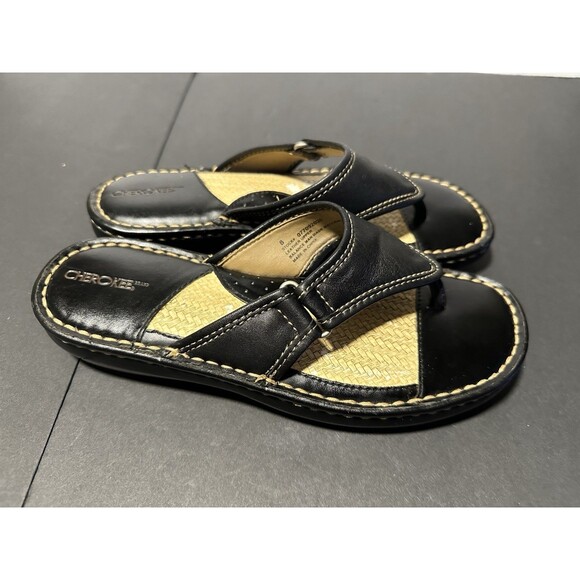 Cherokee Black Leather Platform Sandals Size 8 - Picture 3 of 9